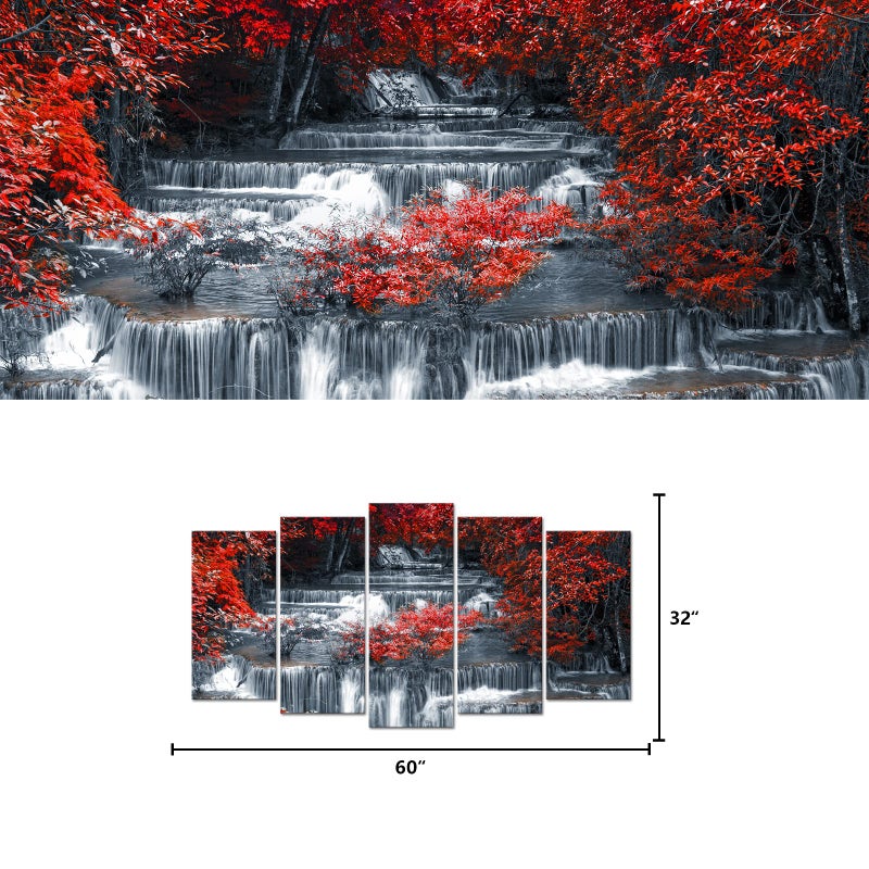 Visual Art Decor 5 Pieces Large Black and Red Canvas Wall Art Waterfall Nature Landscape Picture Print, Living Room Office Decoration Framed Ready to Hang - Image 5